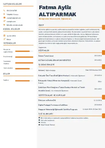Matematik Öğretmeni Cv Örnekleri cv indir